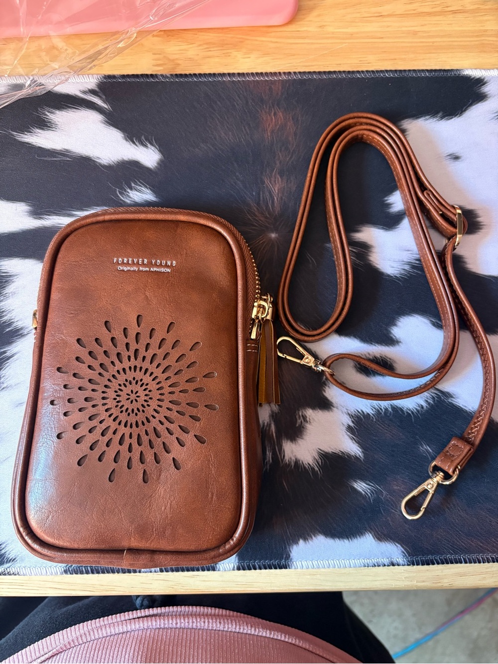 Forever Young Brown Laser-Cut Crossbody Phone Bag